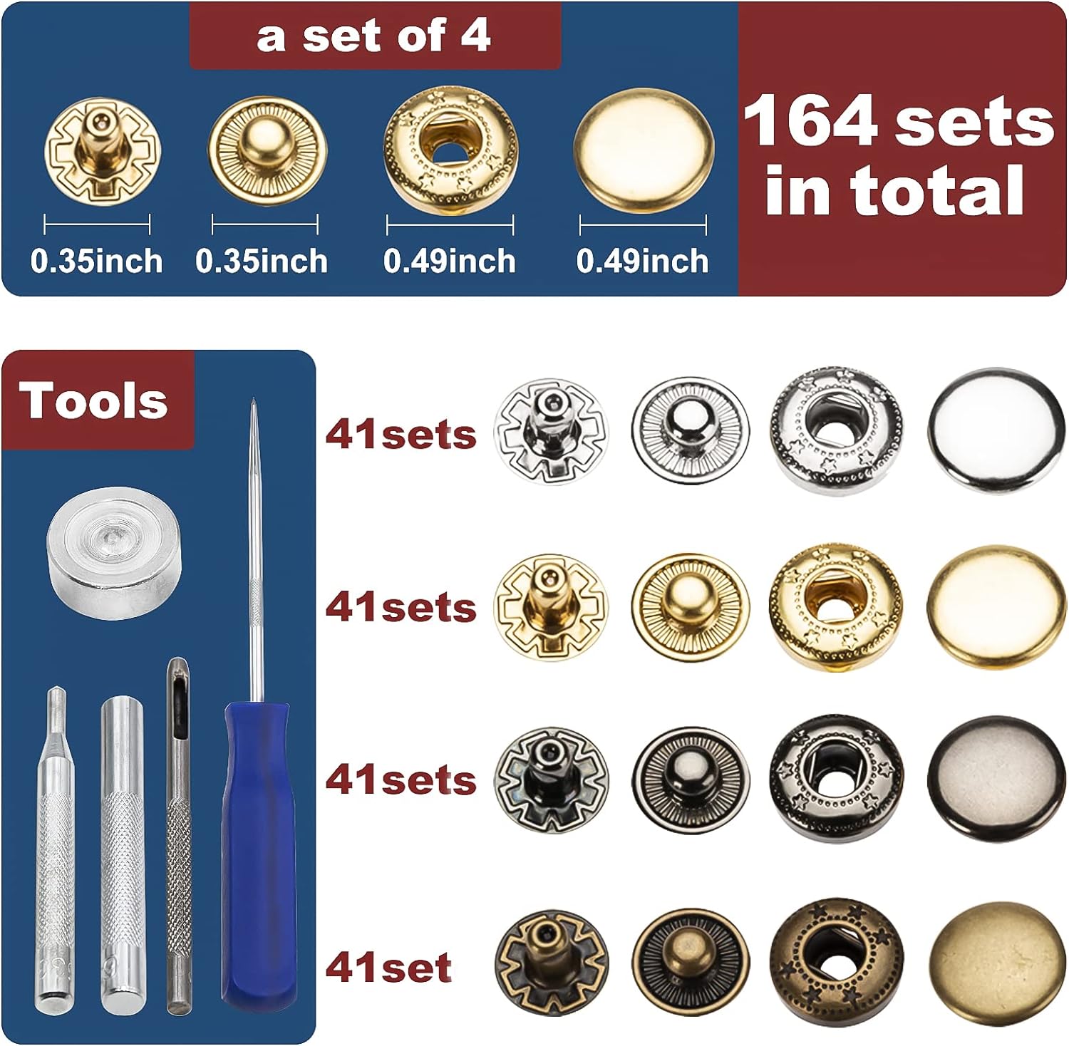 164sets Leather Snaps and Fasteners Kit, 12.5mm Snap Fasteners Kit, Leather Snaps, Metal Heavy Duty Snaps with Install Tool for Leather, Clothes (Black, Gold,Silver,Bronze) - Image 2